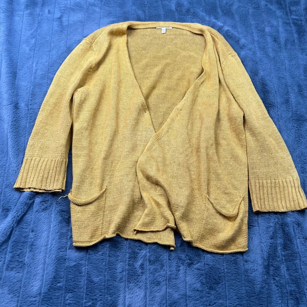 Eileen Fisher Mustard Yellow 100% Hemp Knit Open Front Cardigan L 13472